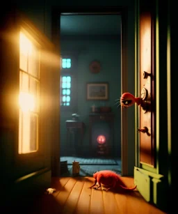 Wes Anderson photographer, night, room, monster peeking behind the ajar door, Ultra realistic, punk style, wide angle view, soft color, highly detailed, unreal engine 5, ray tracing, RTX, lumen lighting, ultra detail, volumetric lighting, 3d, finely drawn, high definition.