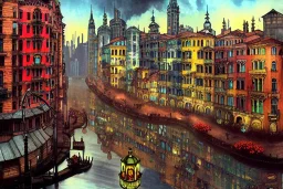 Colourful cityhGotham city+old lamp+Bar and garden on High Bridges across Skyscraper river+canals+Gothic village+European Metropolis on sea+naples alley+Torino square+trieste canals+victorian London+decòpunk Skyscraper+ +steampunk+biopunk+alphonse mucha, greg rutkowski, matte painting, cryengine, hyper detailed, felix kelly, fantasy art, seb mckinnon