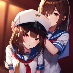 Clear Focus, High resolution, glowing red eyes, hugging a girl, wearing a sailor uniform, long dark brown hair