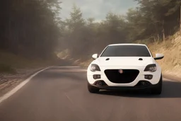 a white Alfa 75 car drifting on a mountain road in a sunset day of summer