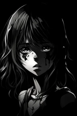 sad, black & white, disfigured anime girl with black background