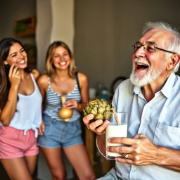 Fotografia alta definizione di due donne che sorridono in pantaloncini corti piangendo a crepapelle, uno di loro ha una cipolla in mano, mentre un anziano ride mangiando un carciofo e tenendo un bicchiere di latte in mano