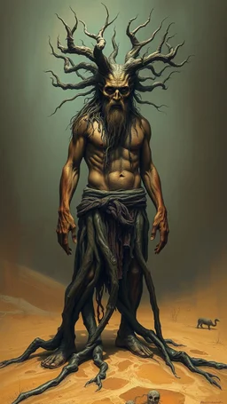Bosch painting style nightmare, a man with legs looks like tree roots , and head looks like wizard head, in the desert sands , dramatic sad scene, fantasy, scary.