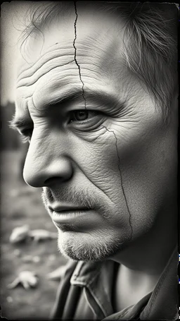 An old picture style of black and white mono very bad quality looks very old camera picture with cracks of a man with a cracked turtle Face ,the year 1900 in the background from a distance dinosaurs