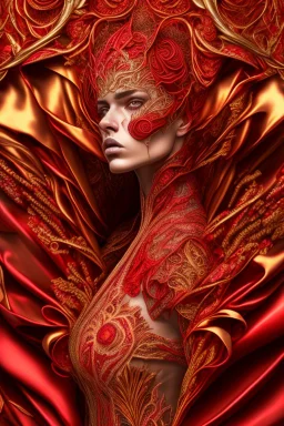 female, red and gold tones, insanely detailed and intricate, hypermaximalist, elegant, ornate, hyper realistic, super detailed, by Pyke Koch