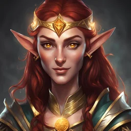 Generate a dungeons and dragons character portrait of the face of a female high elf wizard with dark copper red hair and golden eyes. She is smirking and glowing with magical energy. She looks mischievous. She loves gold coins. She is wearing an elven circlet.