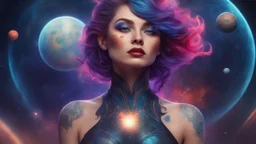 Sky Witch: A fair-skinned woman who wears a tattoo of a space scene with planets and stars in bright colors. Her makeup is space-themed with shimmering eyeshadow and bold lipstick highlighting her otherworldly allure. detailed matte painting, deep colors, fantasy, intricate details, splash screen, complementary colors, fantasy concept art, 8k resolution trending on Artstation Unreal Engine 5