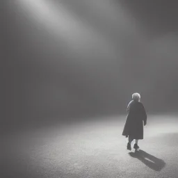 old woman walking to heaven with dramatic lighting