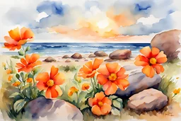 Sunny day, clouds, orange flowers, rocks, watercolor paintings