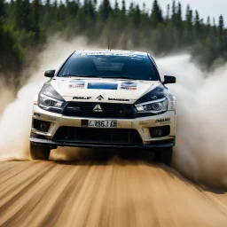 dramatic epic photography ralli art championship race, facing front sportcar the Mitsubishi Lancer Evolution Type 4 R sportcar,full sticker name DV race decorations,on the way high speed drifting and jumping,on on dune and watery spray and dirt roads forest