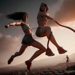 Two women skipping with a rope while demons and angry gods fight in the background, in the style of a Michael Moorcock book cover.