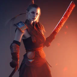 warrior woman with axe, wearing japanese armor, blue lighting sky, glowing red axe, stromy, red armor, realistc mortal kombat style, 3d render --test --creative