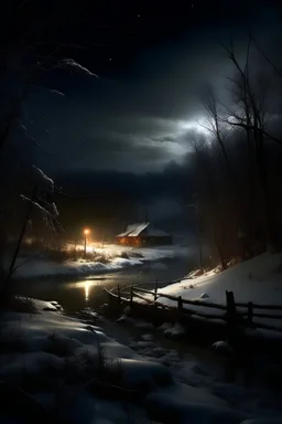 Winter landscape at night. Richard Augustus Zimmermann ( style cinematic dramatic hd hig hlights detailled real wide and depth atmosphere