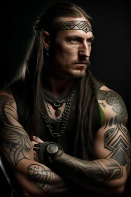 clean shaven middle aged long haired celtic warrior with tribal tattoos