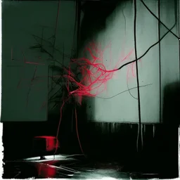 Minimal abstract oil painting of a neon plant in concrete warehouse brutalist architecture and hanging wires illuminated at night. With triadic red colours. In the style of Justin Mortimer and Phil Hale, Ashley Wood