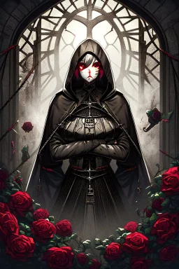 a beautiful and mysterious gothic woman entangled in wire and roses, hoody, dark and gothic lighting, ultra realistic and highly detailed, explosive background, epic, striking messy art style, cracked sealant surface and heavy textures , extremely beautiful