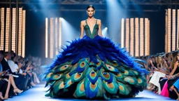 wide shot from unique long, impressive dress made of bird feathers, decorated with peacock feathers, harmonious colors, fashion show of extreme clothes, bird-like model make a pos, fashion, volumetric lights, intricate details, sharp focus, cinematic, landscape with runway