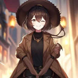 Clear focus, High resolution, short brown spiky hair, hair between eyes, eyes closed, wearing a brown detective hat, wearing a brown jacket and a black shirt, wearing black shorts, 1girl, pulling at down, smiling