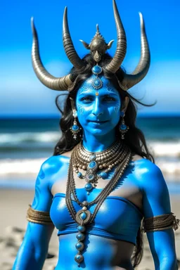 A photo of a blue skin Hindu goddess with painted blue face and body skin, wavy black hair deer antler horns, standing on a sunny beach