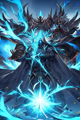 A warrior with a matte black combat helmet and eyes with bright blue flaming pupils, a black cape and a long coat with long combat boots and a long, sharp and fiery spear and with his helmet under his cape and two blue flames instead of eyes