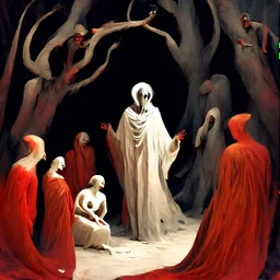 the poet Dante is dressed in a red robe, the poet Vegilius is in full growth, dressed in a white transparent robe, nearby are beautiful, slender girls, circling around him, Hell with an eerie atmosphere.