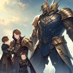 Boy wearing leather armor protecting family