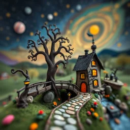 Photography of a fairy old bridge, tree, old bewitched house, made of felt, tiltshift, 3d deep field, Joan Miró, wide angle landscape scene of an odd village, stars and planets, creepy, needlepoint, abstract silhoutte, expressionist style, colorful holiday