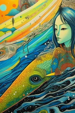 a close up of a painting of a person on a surfboard, an ultrafine detailed painting, inspired by Yoshitoshi Mori, psychedelic art, zoology! fantastical creatures, pointillisme, japanese 1 9 8 0's album cover, in the styles of joan miro, painting of ornate space ship, colored photo, yuya nagai, rendering