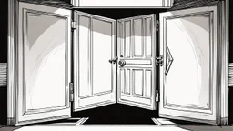 unhinged door, anime, monochrome, black background, ink, simple, maximum quality, broken hinge, barely functioning, centered on frame, far view