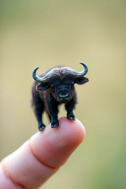 Photorealistic, a extremely small micro baby Buffalo perched on a human finger