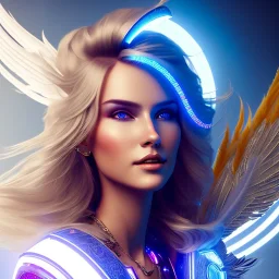 A beautiful portrait of a cute smiling cyberpunk woman with wings, long blond haire, high key lighting, volumetric light high details with white stripes and feathers and blue celtic paterns and luminous glasses in a starry background