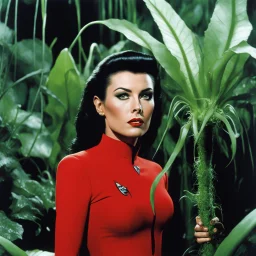[high res photo by Helmut Newton] a woman Star Trek red shirt surprised by tendrils and she realizes too late that there are very agressive carnivorous plants around her. In few moments she disappears inside the plant