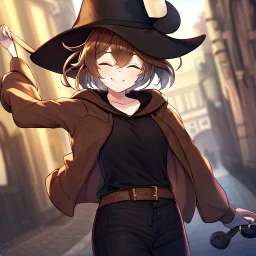 Clear focus, High resolution, short brown spiky hair, hair between eyes, eyes closed, wearing a brown detective hat, wearing a brown jacket and a black shirt, wearing black shorts, 1girl, pulling hat down, smiling, wearing a oversized hoodie