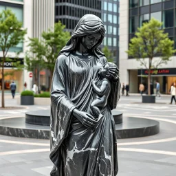 photo of a lady statue made of black marbel showing a goddoss love mother and baby in a modern city center
