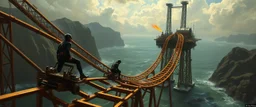 master oil painting by Rembrandt, roller coaster with some bad ass power off shore oil platform cyber punk people experiencing gravity at its worst