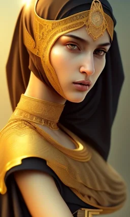 Arab young woman ,Arabic features، cute, beautiful, black eyes,Natural contours, real skin ,Modest Arabic style dress، head and shoulders portrait, cinematic, 8k, resolution concept art portrait by Greg Rutkowski, Artgerm, WLOP, Alphonse Mucha dynamic lighting hyperdetailed intricately detailed