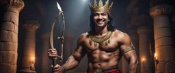 Hyper Realistic shirtless muscular handsome short black hair Indian King smiling wearing crown & holding bow & arrow in dark catacombs with traditional pillars at night