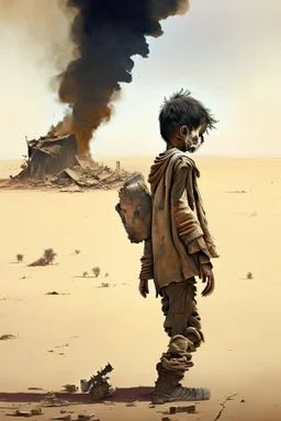 A wounded boy walking in the desert with his head down and smoking a cigarette, and behind him a scene of destruction is taking place