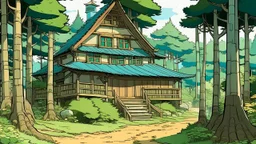 comic style, Ghibli style a small fairytale japanese country cottage at the end of a dirt road, surrounded by very tall pine trees