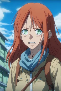 A girl in Attack on Titan reconnaissance corps clothes. long red hair, bright blue eyes, clear facial features. Huge walls and houses in the background