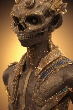 black male African Egyptian alien, cracks in the voodoo head, wicked, diamond eyes, crown, blood, 8k, finely detailed, photo realistic, leopard robe turquoise skull head gold dragon space alien rain skeleton gold teeth silver crown silver space suit spaceships