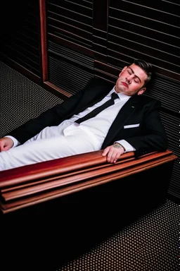 a man in black suit, red neck tie, white shirt, black pants, black shoe sleeping in a coffin