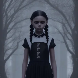 Wednesday Addams, Wednesday with braids standing with her arms crossed, dark, soft goth lip, hyper detail, octane render, unreal engine 5, photorealistic, 8k resulation