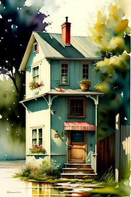 Shabby chic, wet on wet, watercolor and ink in the style of Bob Byerley and Karl Gerard