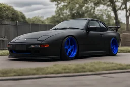 black Porsche 944 with tinted windows matte black paint with electric blue underglow