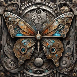 a close up of an extremely detailed steampunk butterfly, colorful wings made out of intricate gears and valves and microchip silicon, body is silver polished metal, maximalist, high-quality steampunk art, by H.R. Giger, by Jeff Smith, by Shaun Tan, intricate details, sharp focus, beautiful, stained glass panels, intricate metallic textures, dramatic spotlight effect
