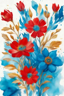 red , blue, turquoise and gold flower van Gough water color on white background