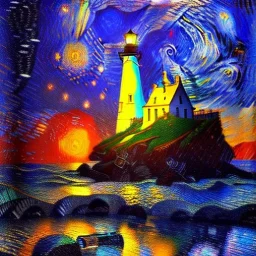 Fantasy, light house, Rocks, lighting, surreal, waves crashing below, 8k, sunset, sketch by Van Gogh in oil