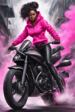 Create a digital airbrush illustrations of a black full figure black female riding a sports motorcycle. She is wearing hot pink hoodie and black tights with biker boots. Prominent make up with log lashes and hazel eyes. Extremely highly detailed black shiny wavy hair up in a messy bun. Background of smoke surrounding her and the bike and she's is at a bike show.