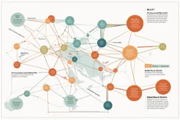 An infographic showing the interconnectedness of global financial markets, including stock exchanges, commodity markets, and bond markets. flat. No text